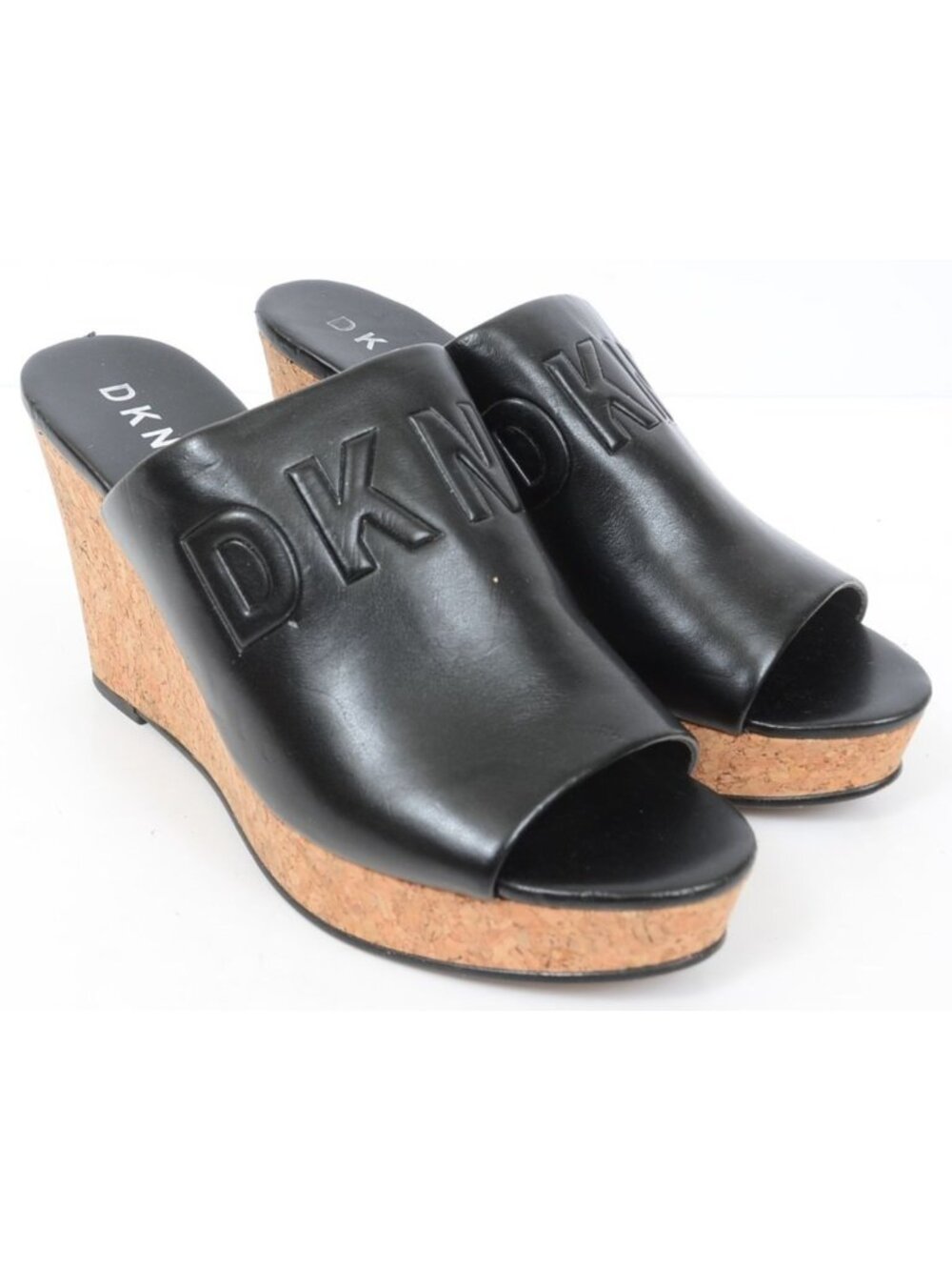 DKNY Women's 7.5 Vegan Leather Cork Wedge Slide Sandals Platform Open Toe Resort